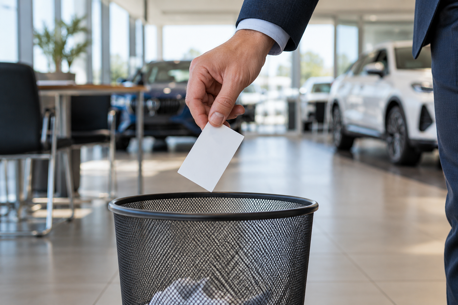 Business professional throwing a paper business card into a wastebasket at an automobile dealership